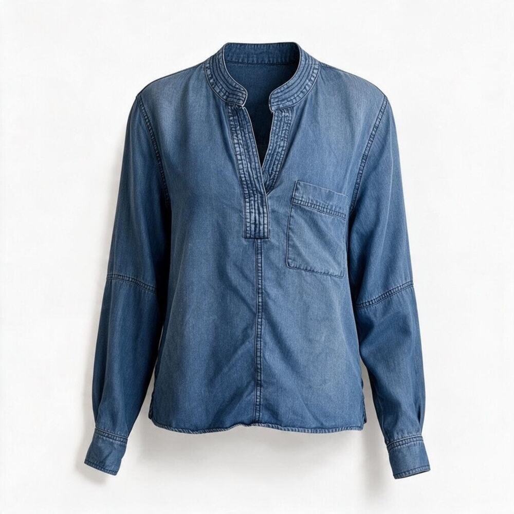 Evereve Womens Large Blue Chambray Denim Look Popover Blouse Lyocell Pocket